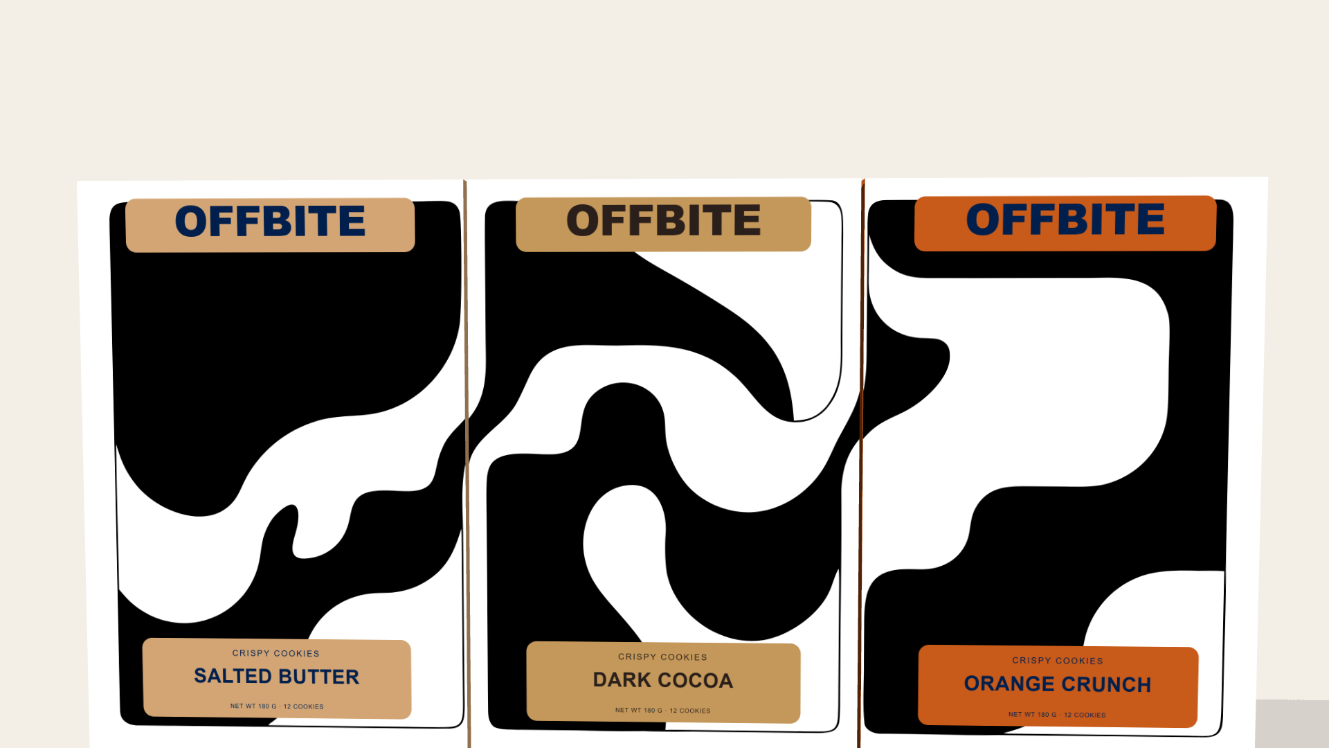 Three OFFBITE cookie cartons — Salted Butter, Dark Cocoa, and Orange Crunch — aligned edge to edge, revealing one collective negative-space mascot.